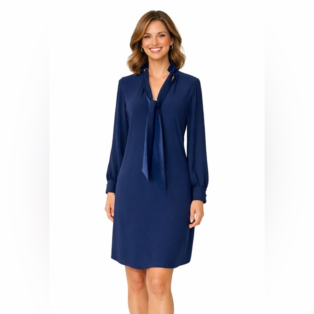 Whbm Dress M Medium Navy Blue Scarf Neck Tie Long Sleeve Stretch Career Church